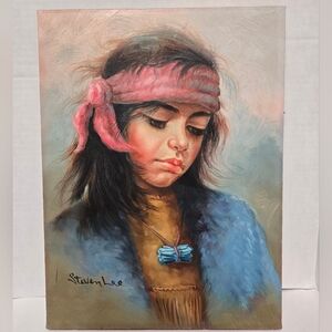Authentic Steven Lee Native American Girl Portrait Pink and Blue Tones 12"x16"